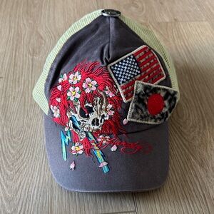 Ed Hardy Gray and Green Skull Embroidered Hat